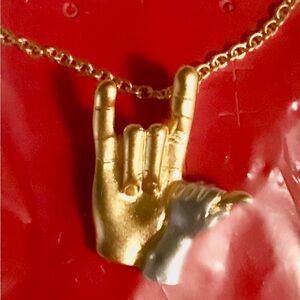 ASL “I Love You” Gold Necklace-Silver Colored Child Hand Holding Adult Thumb.